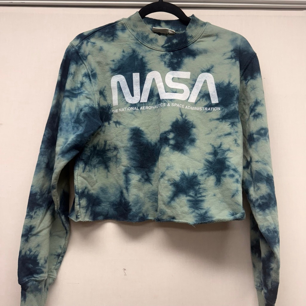 Women's Mighty Fine NASA Tie-Dye Cropped Sweatshirt M Green Blue